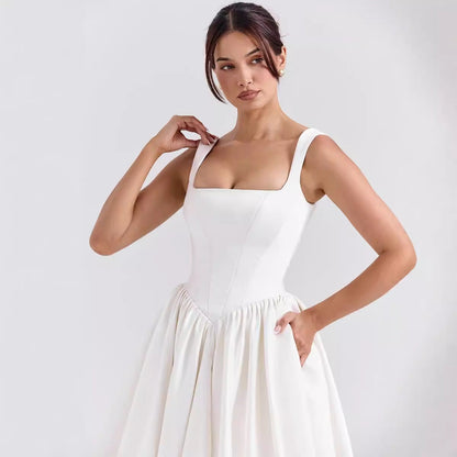 Damklänning maxi – Figursydd midja – Fyrkantig halsringning – Utställd kjol – Bomull