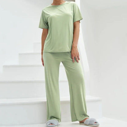 Dam Lounge Set – Kortärmad Topp – Croppad Passform – Vida Byxor – Mjuk Andningsbar Textil
