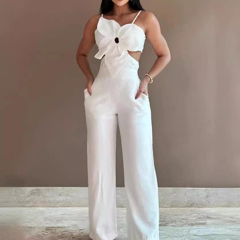 Dam Jumpsuit – Vid Ben – Spagettiaxelband – Cut-Out – Rosett – Bar Rygg