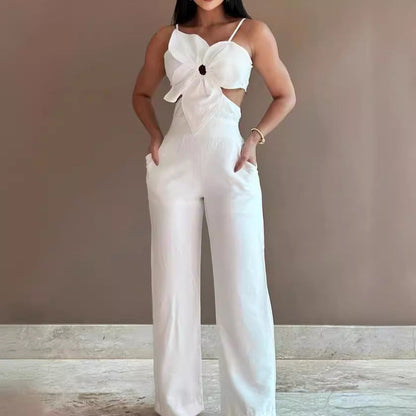 Dam Jumpsuit – Vid Ben – Spagettiaxelband – Cut-Out – Rosett – Bar Rygg
