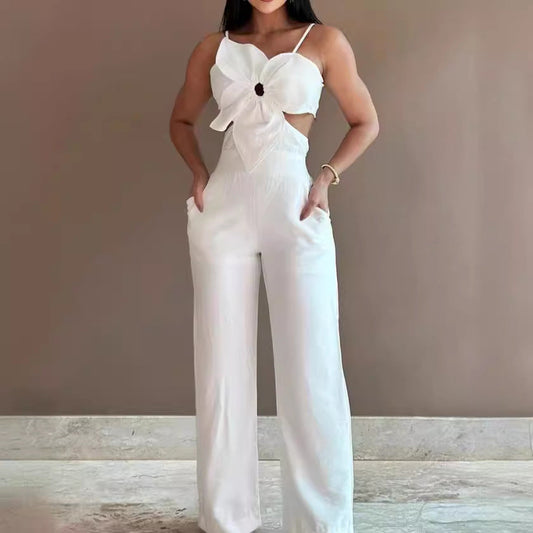Dam Jumpsuit – Vid Ben – Spagettiaxelband – Cut-Out – Rosett – Bar Rygg