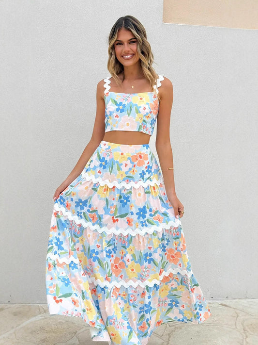 Dam Set – Blommigt Linne Crop Top Slim Fit & Tierad Maxikjol Lätt Bomull