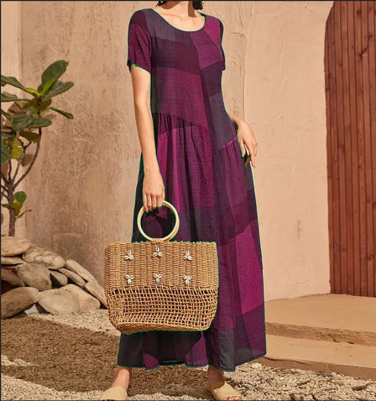 Damklänning – Lång A-linjeformad – Lös Passform – Bomull – Rutmönster – Kort Ärm