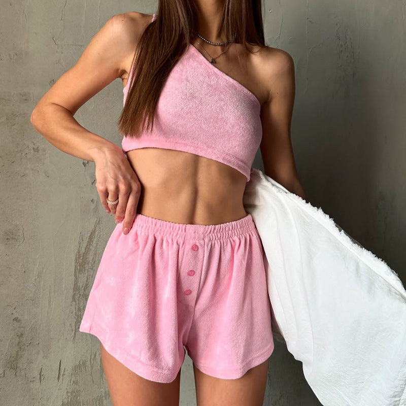 Dam Lounge-set – One Shoulder Crop Top – Mjuk Frotté – Elastisk Midja Shorts