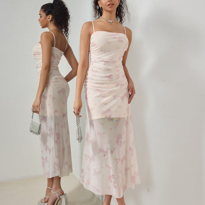 Damklänning – Ärmös Maxiklänning – Slim Fit – Rynkad Liv – Spagettiband – Sjöjungfrusiluett