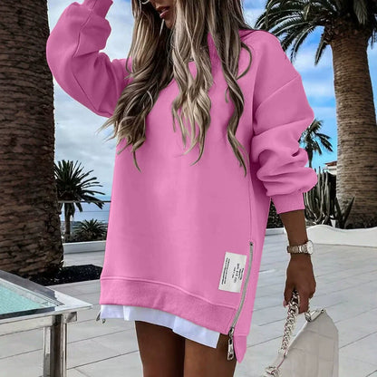 Damklänning i Sweatshirt – Oversize Passform – Rund hals – Dragkedjedetalj