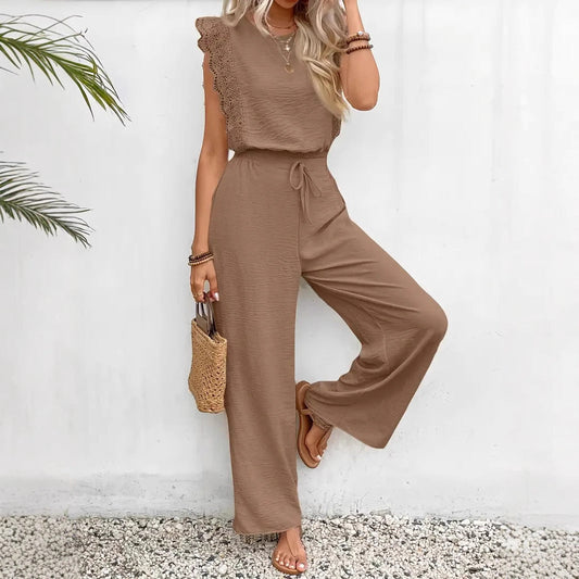 Dam Loungewear Set – Ärmlös Spetsdetalj Topp – Vida Byxor – Dragsko Midja