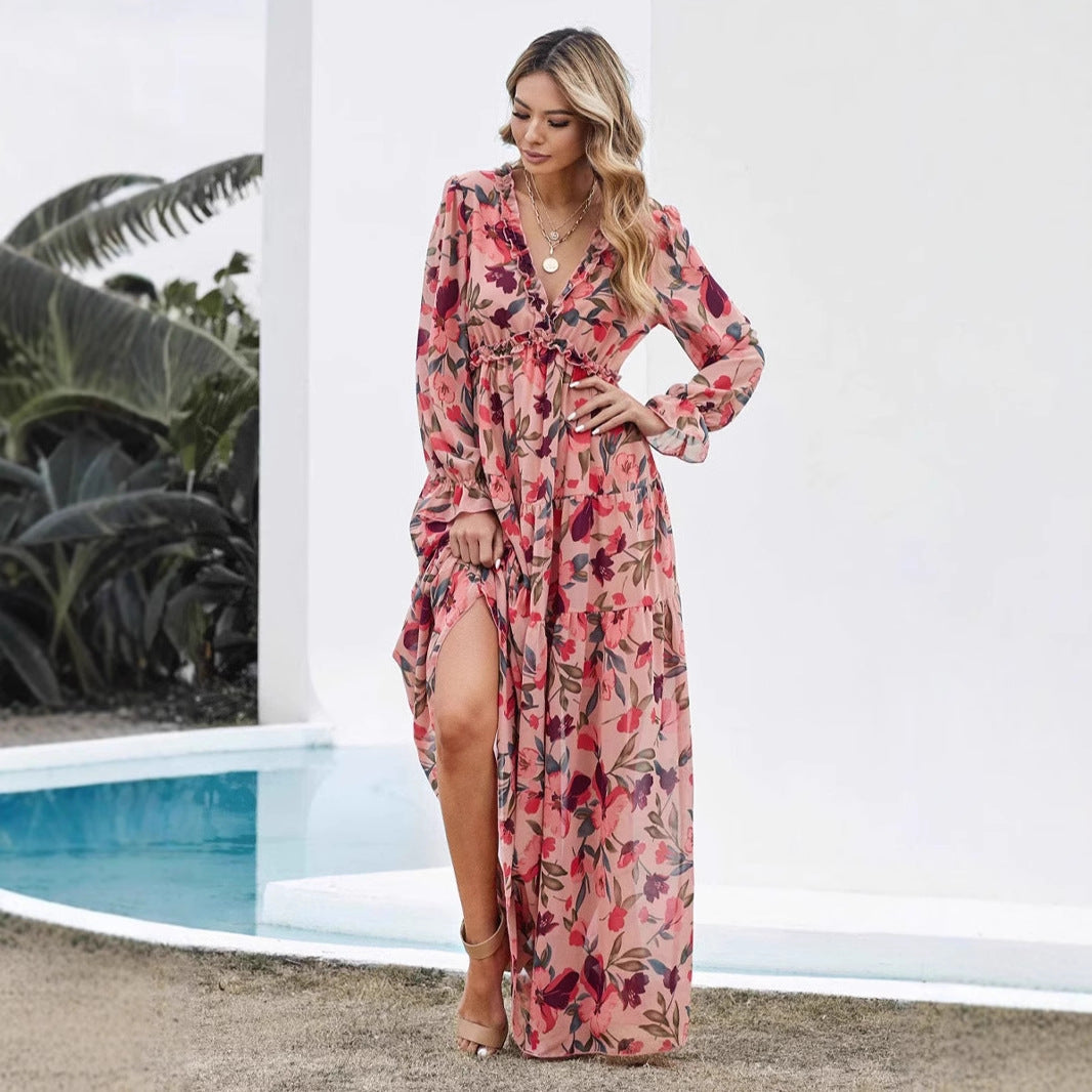 Damklänning i maxilängd – Chiffon – Bohemisk passform – V-ringning – Lång ärm – Blommig