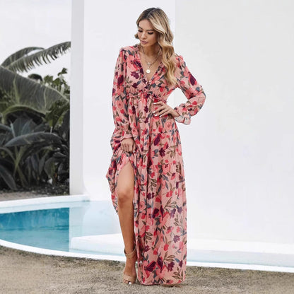 Damklänning i maxilängd – Chiffon – Bohemisk passform – V-ringning – Lång ärm – Blommig