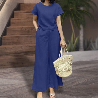 Damset – Avslappnad Passform – Kortärmad Topp med Rund Hals – Vida Byxor i Mjuk Trikå