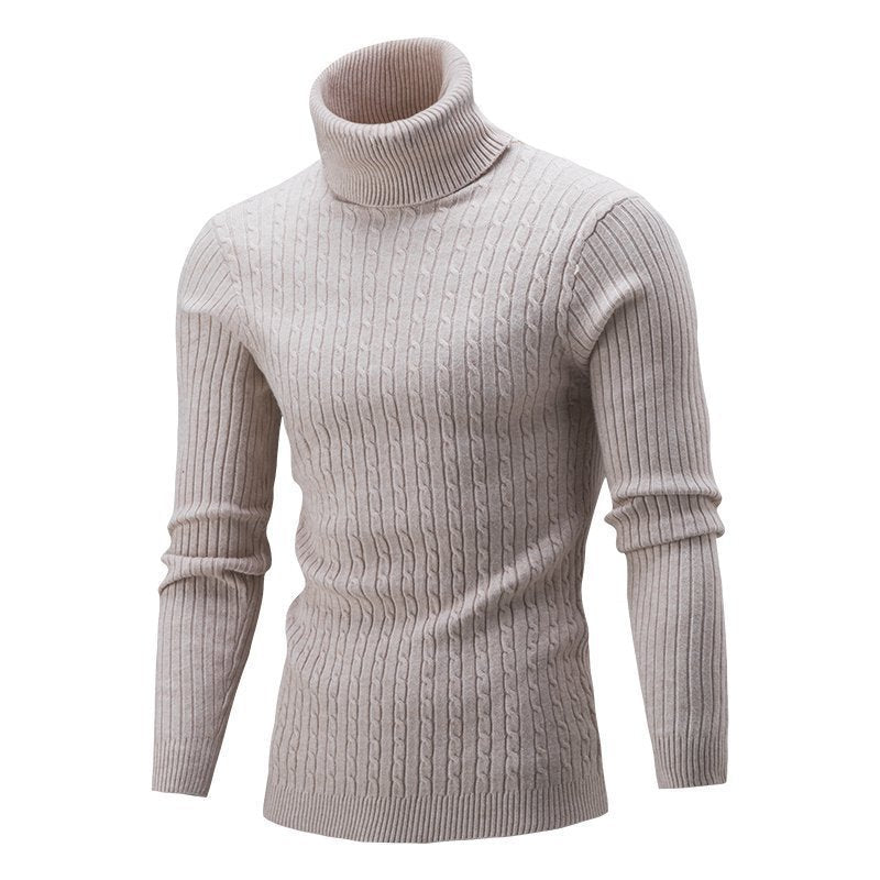 Herr Turtlenecktröja – Slim Fit – Ullstickad – Kabelstickning – Ribbade detaljer