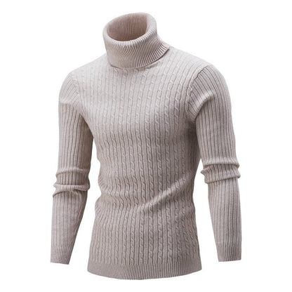 Herr Turtlenecktröja – Slim Fit – Ullstickad – Kabelstickning – Ribbade detaljer