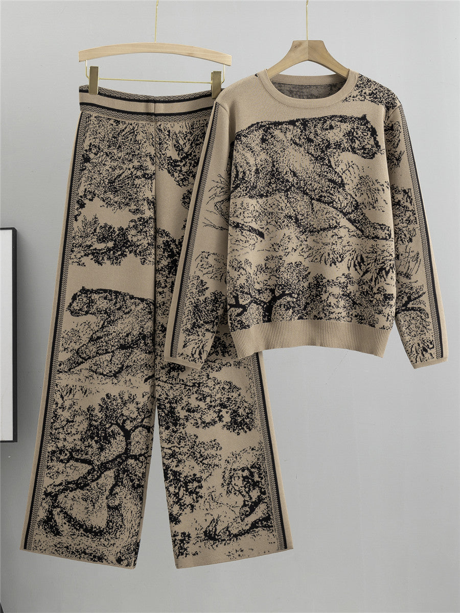 Damset med tröja och byxa – Jacquardstickad – Vida ben – Hög midja – Avslappnad passform