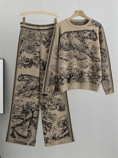 Damset med tröja och byxa – Jacquardstickad – Vida ben – Hög midja – Avslappnad passform