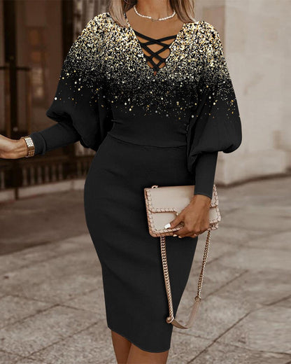 Damklänning bodycon – V-ringning med snörning – Ballongärm – Rutmönster – Knälång