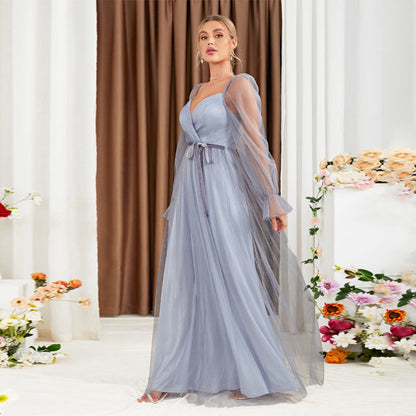 Damklänning Maxi – Elegant Passform – V-Ringning – Knyt midja – Långa Ärmar