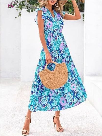 Damklänning – Avslappnad Passform – V-ringning – Volangärmar – Tryckt Mönster – Luftigt Tyg