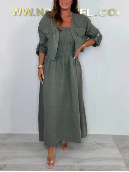 Damklänning set – Maxiklänning med smockliv – Avslappnad passform – Med jacka