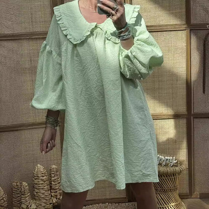 Damklänning A-linje – Bomull – Rutig – Rynkad Peter Pan-krage – Ballongärm