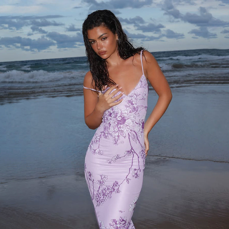 Damklänning Maxi – Slim Fit – Satinliknande Material – V-ringning Spagettiband – Blommigt Mönster