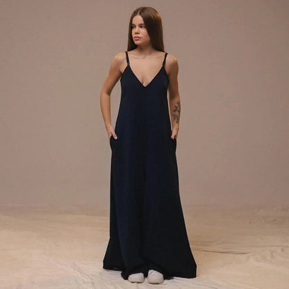 Damjumpsuit – Vid Ben – Lös Passform – Ärmlös – Linneblandning – Knyt i Midjan