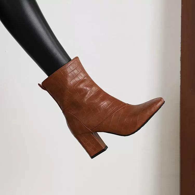 Damstövletter – Präglad Reptilmönster – Fyrkantig Tå – Blockklack – Dragkedja