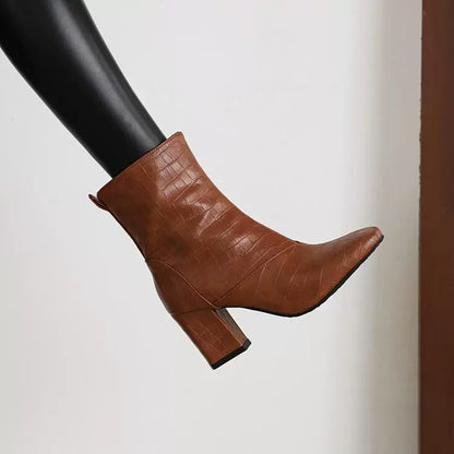 Damstövletter – Präglad Reptilmönster – Fyrkantig Tå – Blockklack – Dragkedja