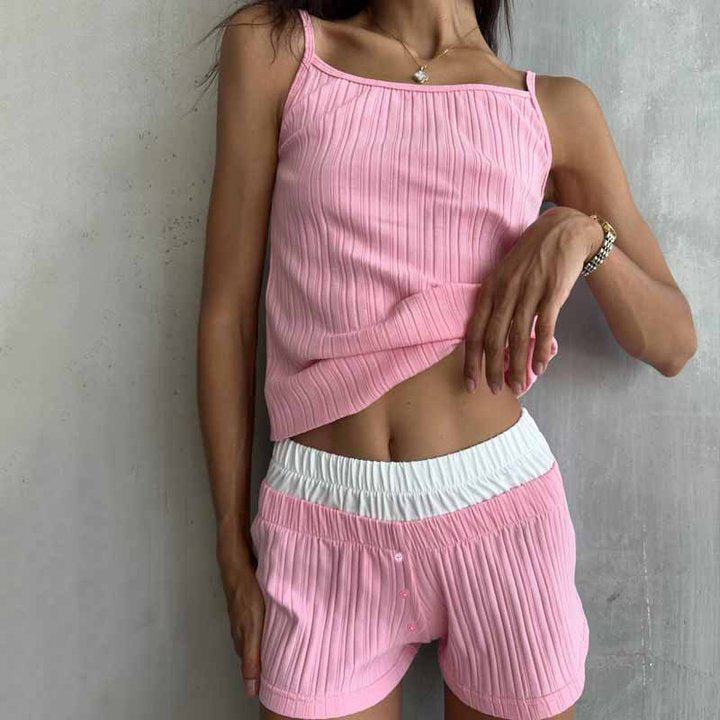 Dam Pyjamas Set – Mjuk Ribbstickad – Omlottkofta med Knytband – Vida Shorts