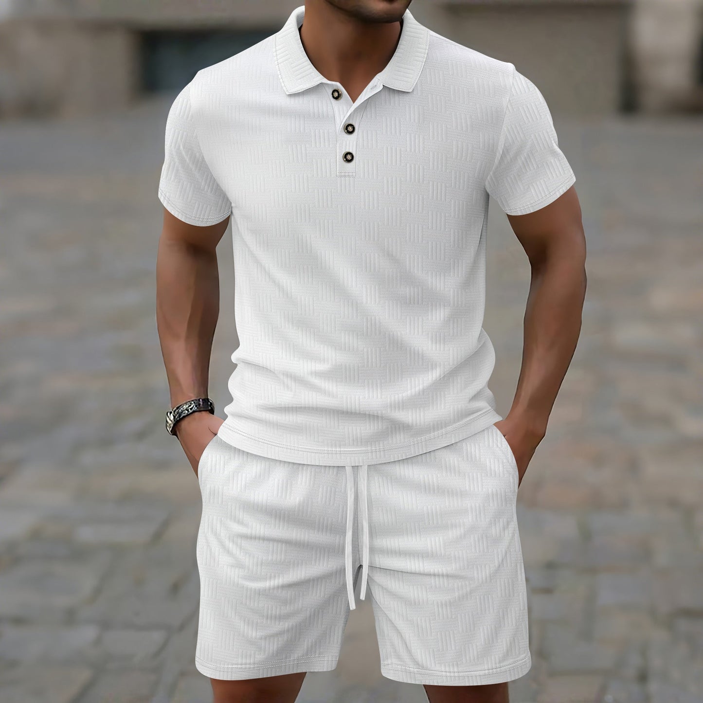 Herrset – Slim Fit – Kort Ärm – Texturdesign – Knappslå