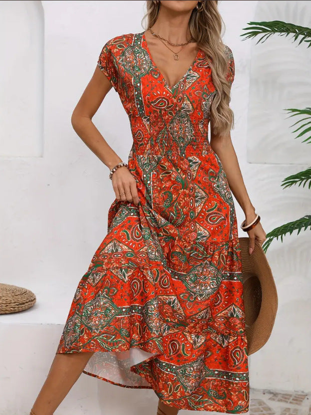 Damklänning med långa ärmar – V-ringning – A-linjeform – Lätt och andningsbar