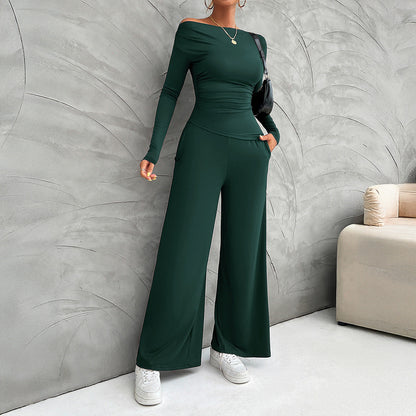 Dam Set – Slim Fit Långärmad Topp – Hög Midja Vida Byxor – Stretchig Bekväm Passform