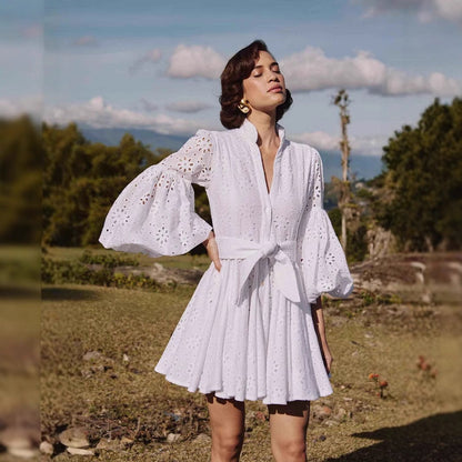 Damklänning A-linje – Bomull – Puffärm – Broderad spets – Knytband i midjan