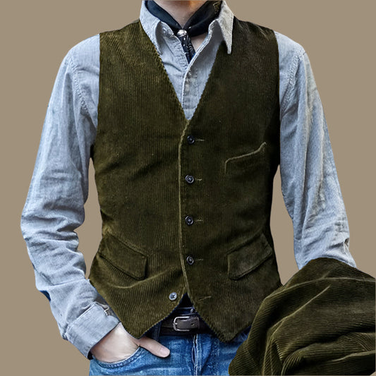 Herrväst – Skräddarsydd Passform – Mjuk Ribbstruktur – Knäppning Fram – Vintage Stil