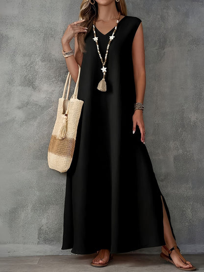 Damklänning Maxi – V-ringning – Ärmös – Slitsar – Bomullsblandning