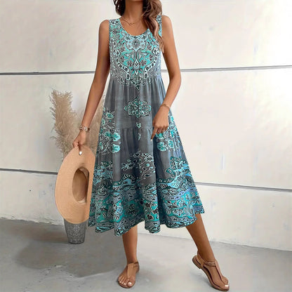 Damklänning midi – A-linjeformad passform – Ärmlös – U-ringning – Blommigt mönster – Bomullsblandning