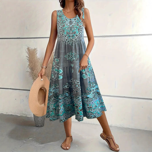 Damklänning midi – A-linjeformad passform – Ärmlös – U-ringning – Blommigt mönster – Bomullsblandning