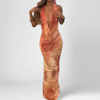 Damklänning – Halterneck – Slim Fit – Satinkänsla – Blommigt Mönster – Ankellång