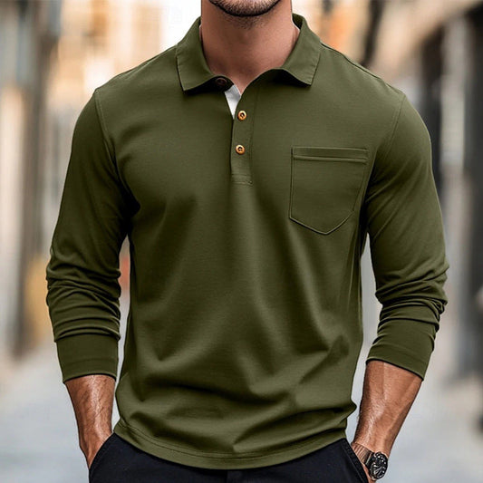Herrpikétröja med lång ärm – Slim Fit – Bomull – Bröstficka – Knappslå