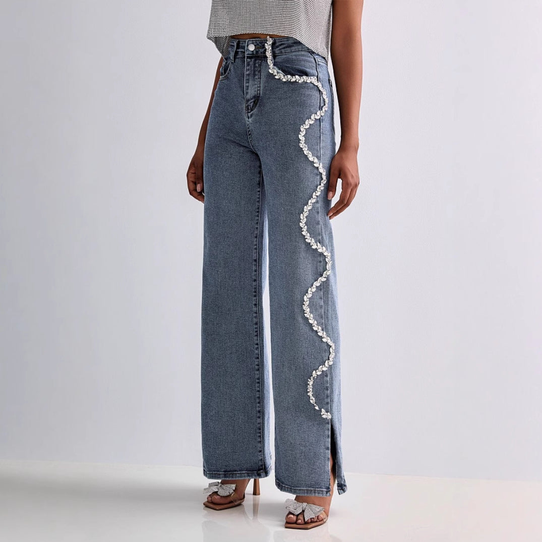 Damjeans med raka ben – Avslappnad passform – Rhinestendetalj – Hög midja – Fullängd