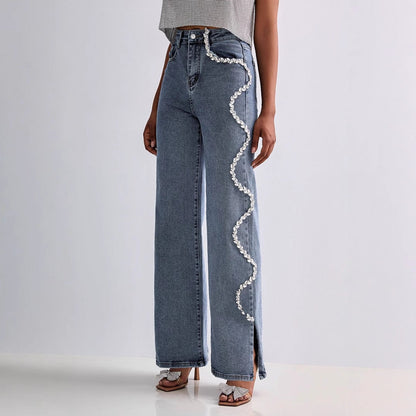 Damjeans med raka ben – Avslappnad passform – Rhinestendetalj – Hög midja – Fullängd