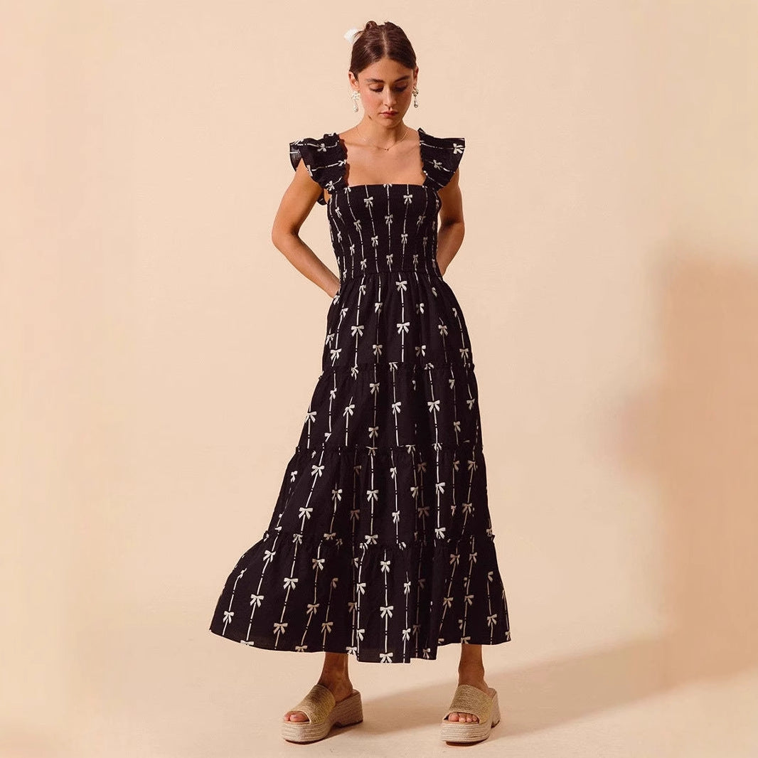 Damklänning Maxi – Smockliv – Volangaxelband – Mönstrad – Lätt Bomullskänsla