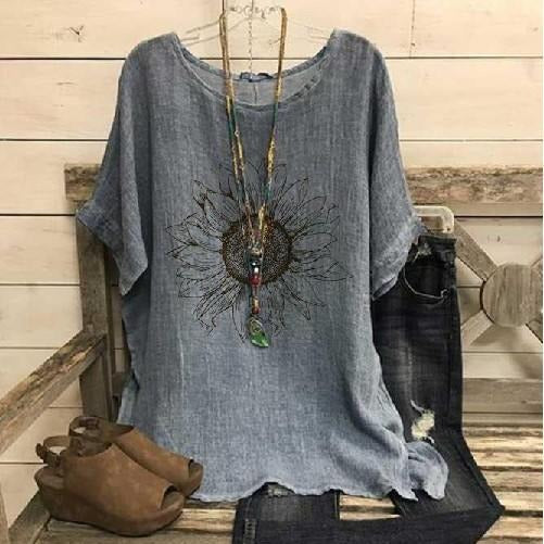 Dam T-shirt – Oversize Passform – Solrosmotiv – Mjukstickad – Kort Ärm Casualstyle