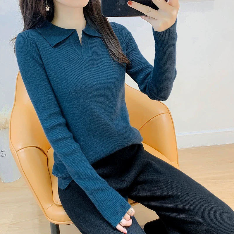 Damstickad Tröja – Slim Fit – Ribbad Struktur – Krage – Lång Ärm