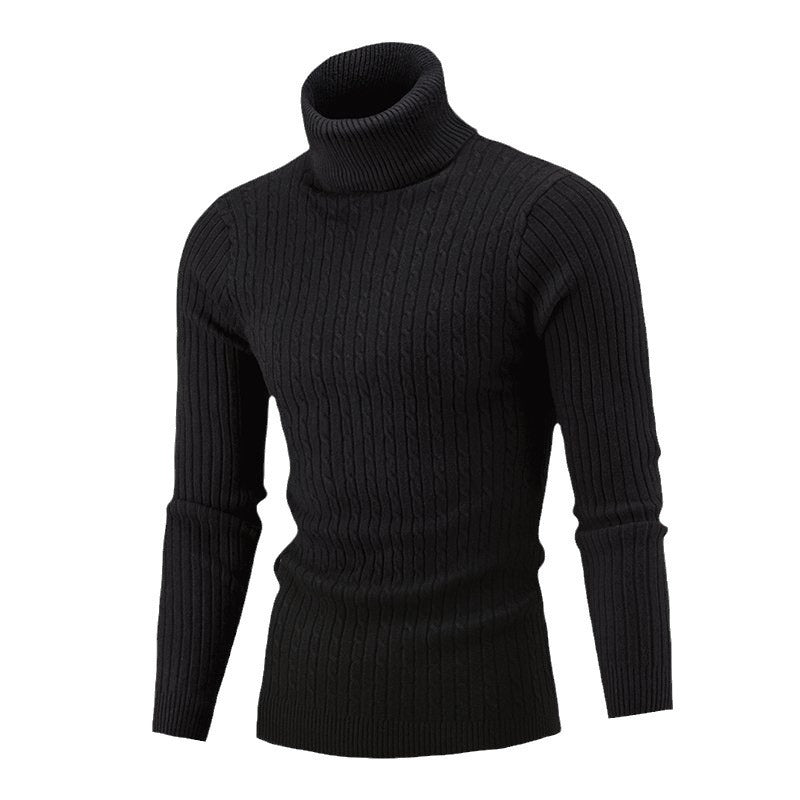 Herr Turtlenecktröja – Slim Fit – Ullstickad – Kabelstickning – Ribbade detaljer