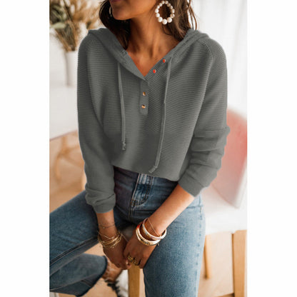 Dam Hoodie – Avslappnad Passform – Stickad Struktur – Knappar – Justerbar Huva