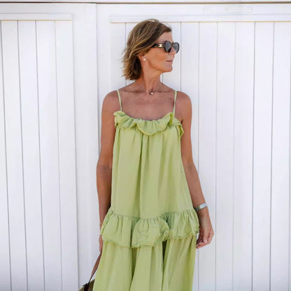 Damklänning – Maxilängd – Flowy Passform – Volangkrage – Spagettiband – Lagerkjol