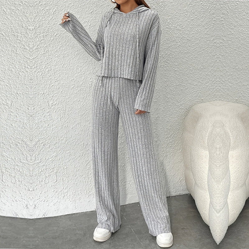 Dam Lounge Set – Stickad Ribbad – Huvtröja – Avslappnad Passform – Vida Byxor