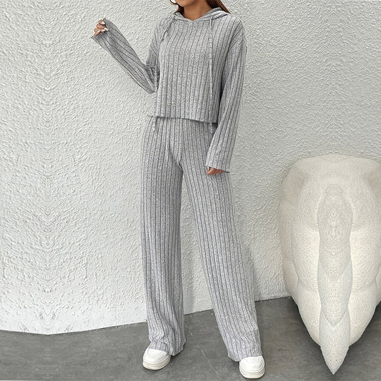 Dam Lounge Set – Stickad Ribbad – Huvtröja – Avslappnad Passform – Vida Byxor