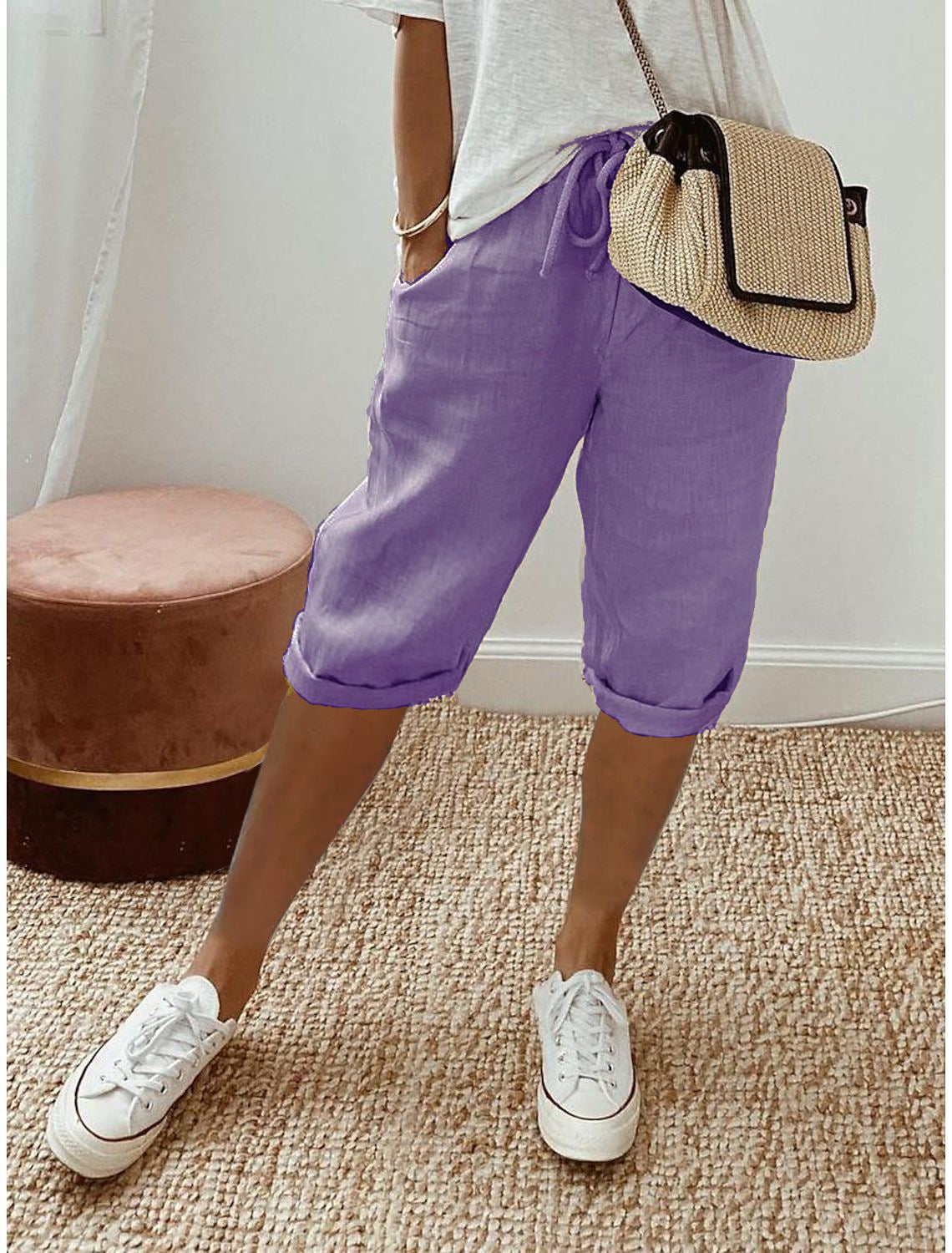 Dam Bermuda Shorts - Bomull- Knälång - Avslappnad Passform - Justerbar Dragsko