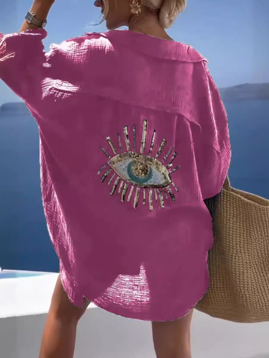 Damkofta – Lång Oversize Passform – Lätt Bomull – Öppen Front – Paljettmotiv Bak